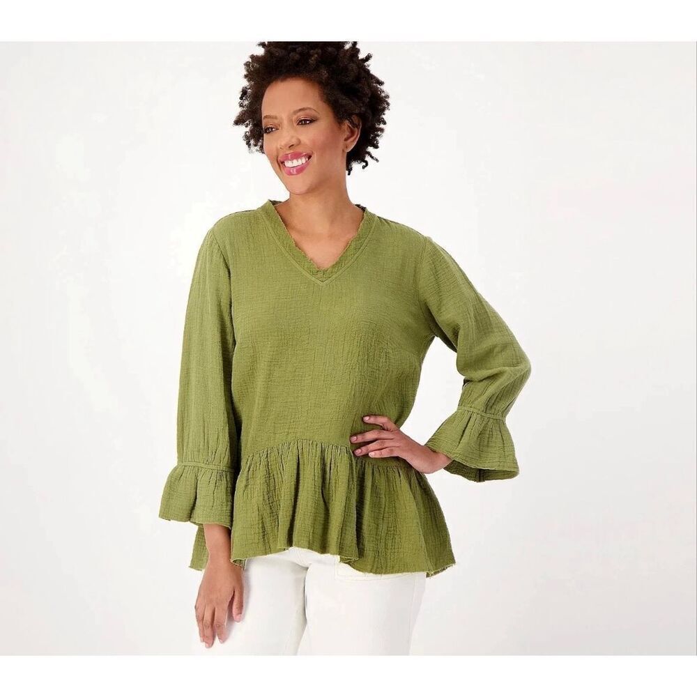 Canyon Retreat V-Neck Flounce Hem Bell Sleeves‎ Top XL